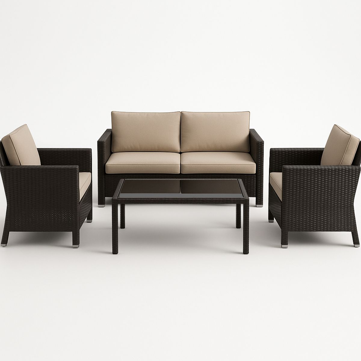 Rattan Gartenmöbel Set mit Aluminiumrahmen und Glastisch, Braun/Beige