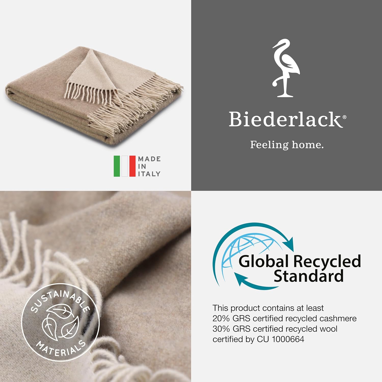 biederlack® samt weiche Kuscheldecke Wool-Mix Natur-Sand I aus Wolle & Kaschmir I Öko-Tex Zertifiziert I Plaid in 130x170 cm | geeignet als Tagesdecke & Sofa-Decke | Wohn-Decke in top Qualität