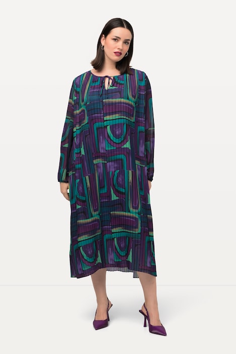Plissee-Midikleid, A-Linie, Tunika-Ausschnitt, Langarm