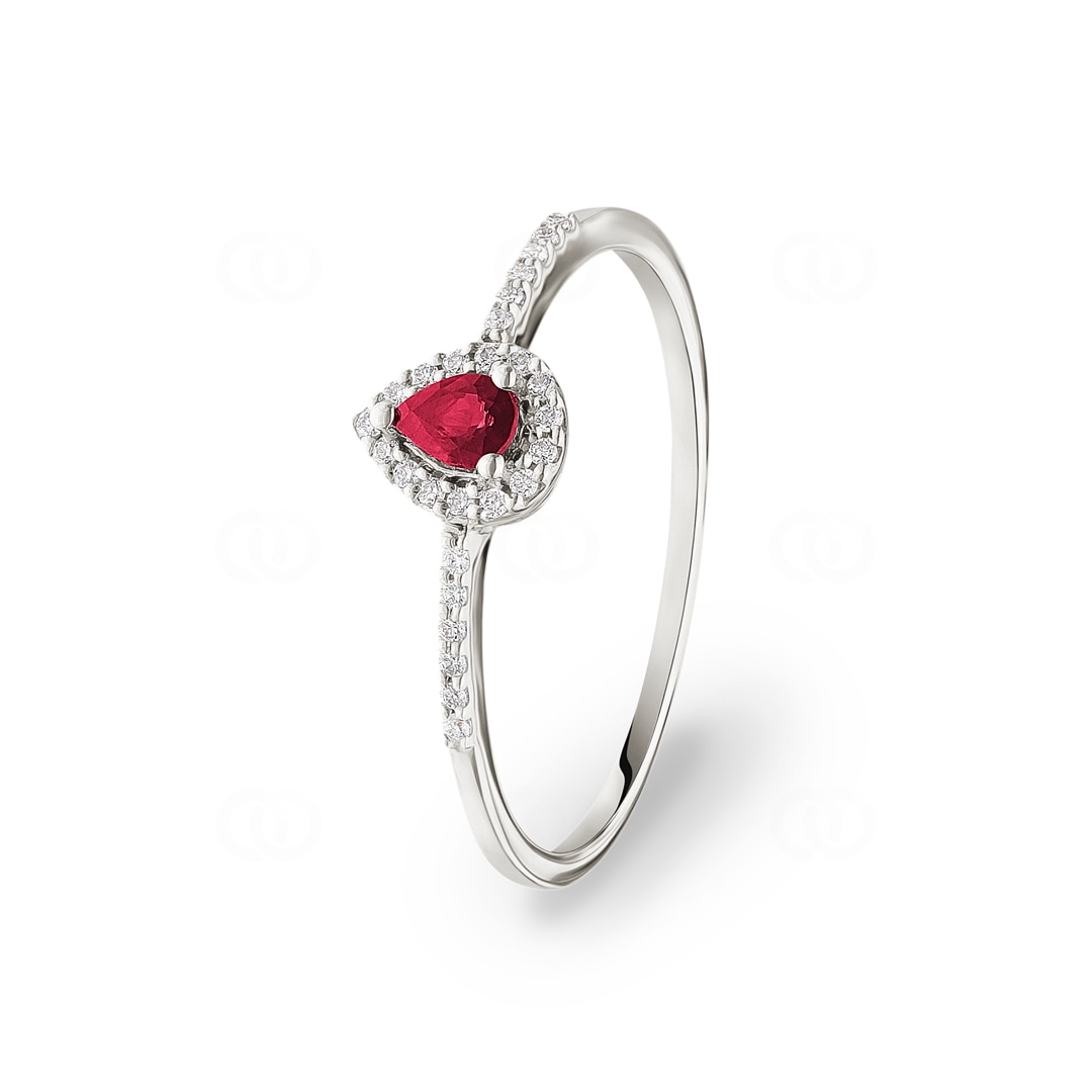 Damenring 750/18 K Weissgold mit Rubin Tropfen und Diamanten 0.08 ct H/si