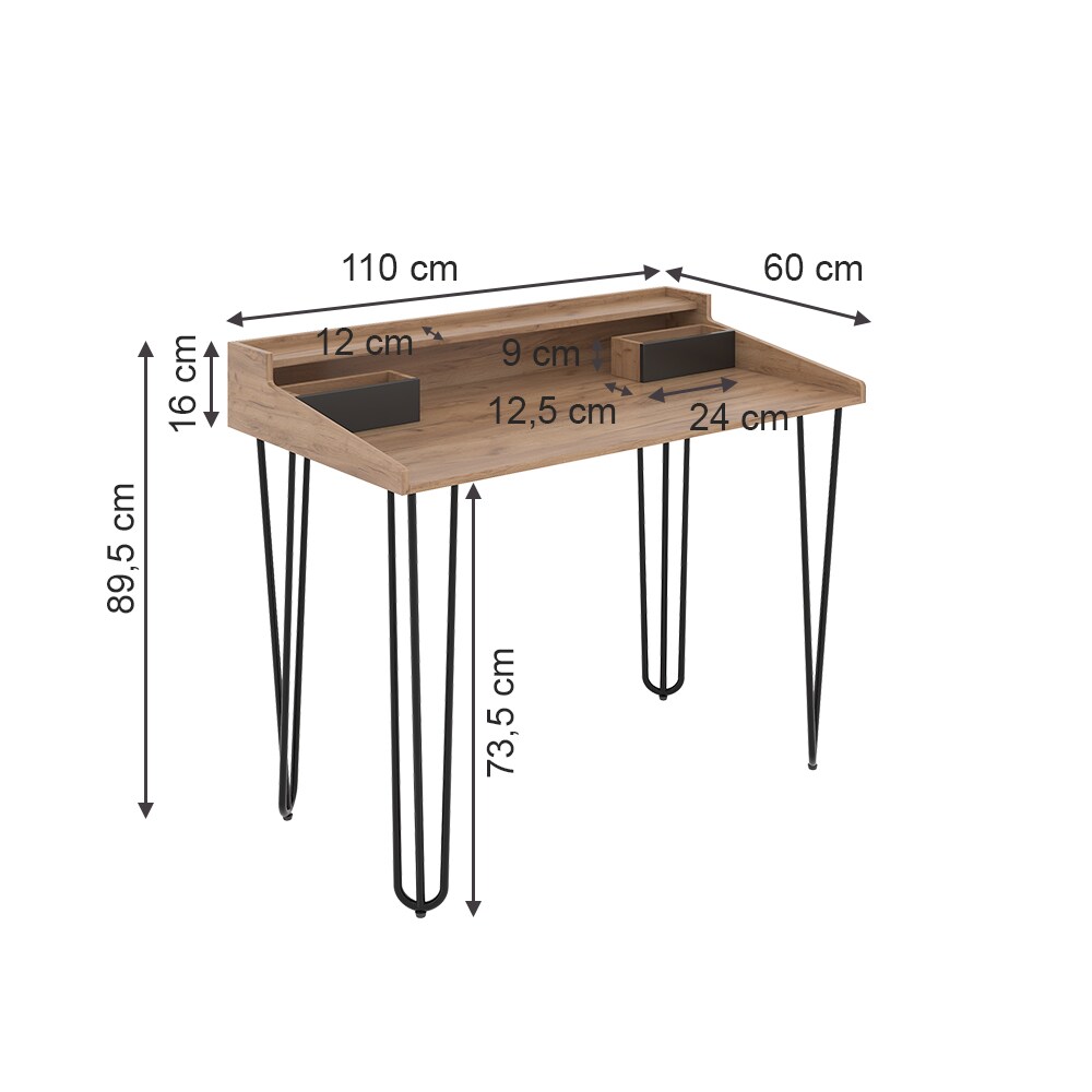 Vicco Schreibtisch Sannar Eiche Schwarz 110 x 60 cm mit Schubladen