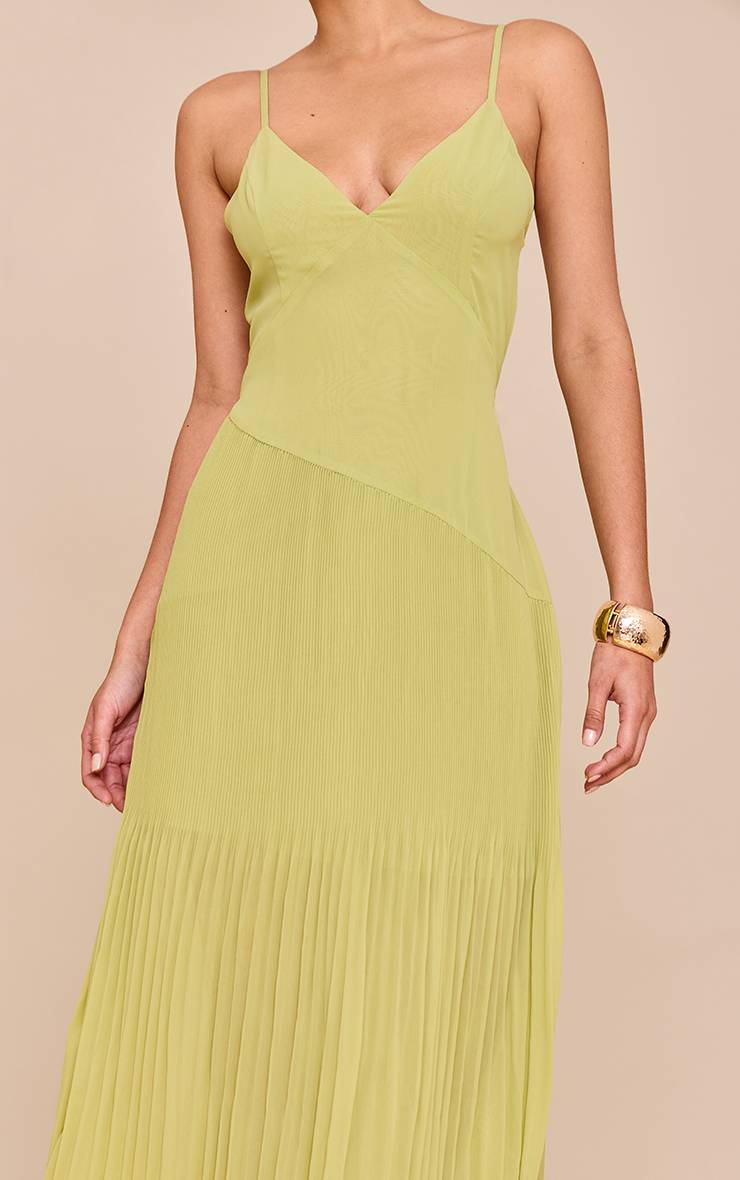 Lime Green Robe Longue À Bretelles Spaghetti Avec Détail D'ourlet Plissé En Tissu Tissé
