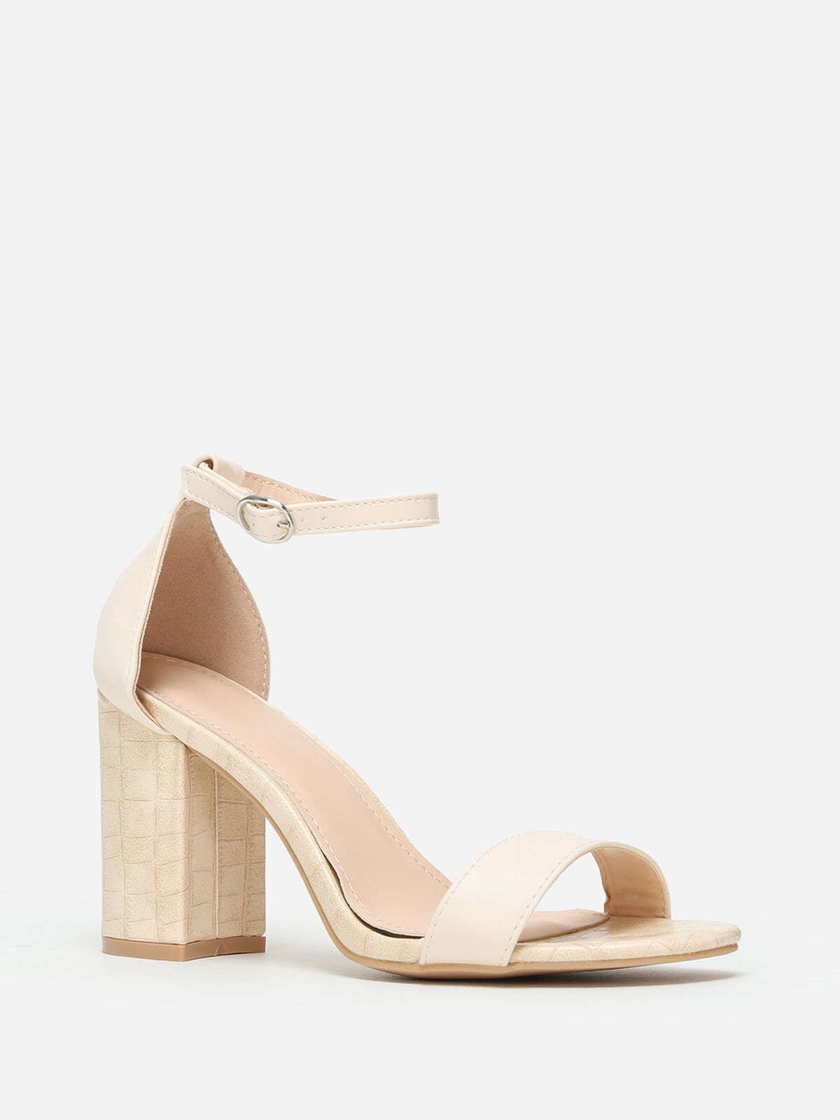 Sandales bi-matières à talon carré- Beige