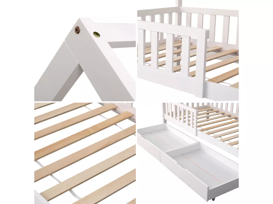 Lit cabane pour enfant 190x90cm blanc avec tiroirs MARCEAU - HAPPY GARDEN