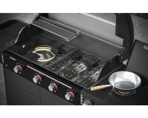Tenneker® Gasgrill Halo Power Zone TG 4 180,4 x 61 x 117,5 cm 4-pits + zijbrander, gietijzeren rooster, platformsysteem, glazen inzetstuk in het deksel