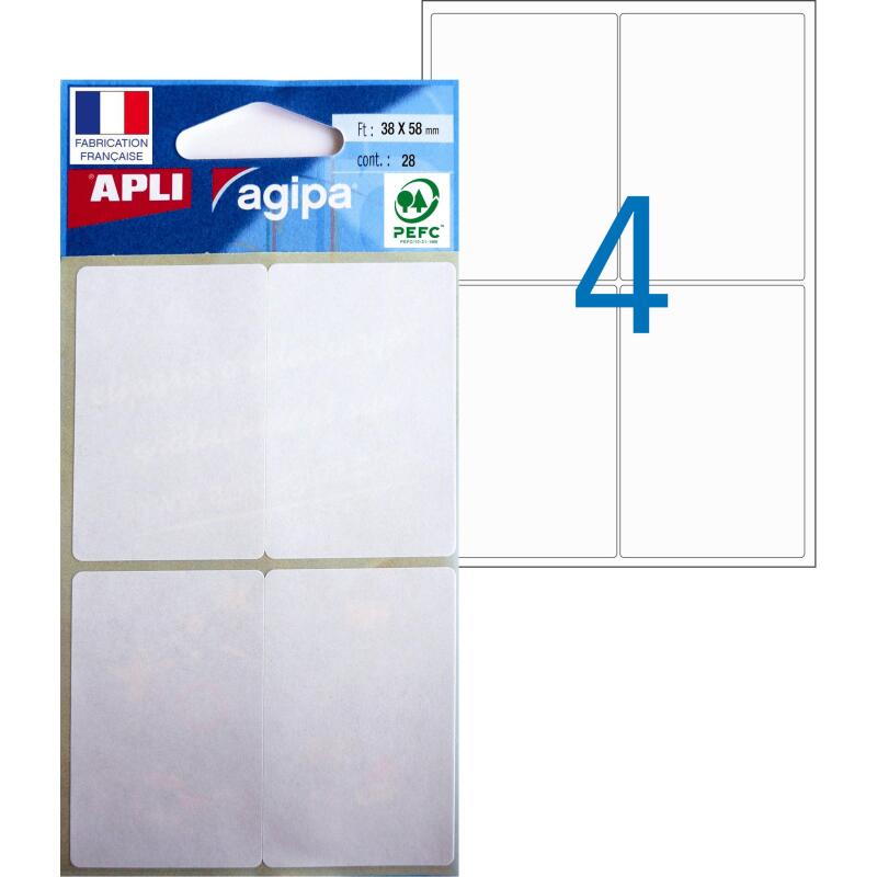 Etiquettes blanches 38 x 58 mm Apli pour écriture manuelle - Pochette de 28