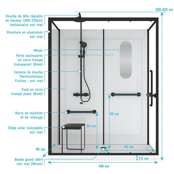 Cabine de douche avec colonne thermostatique et siège 85 x 160 cm, noir et blanc, Galedo Access 2