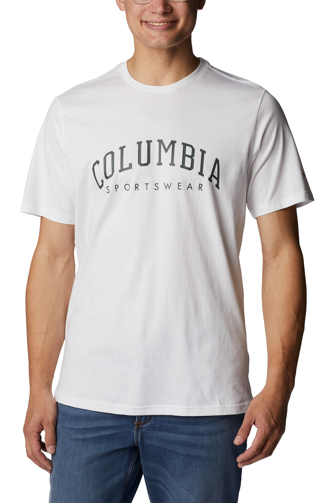 Camiseta masculina Columbia Rockaway River™ de manga curta com estampa em fundo branco.