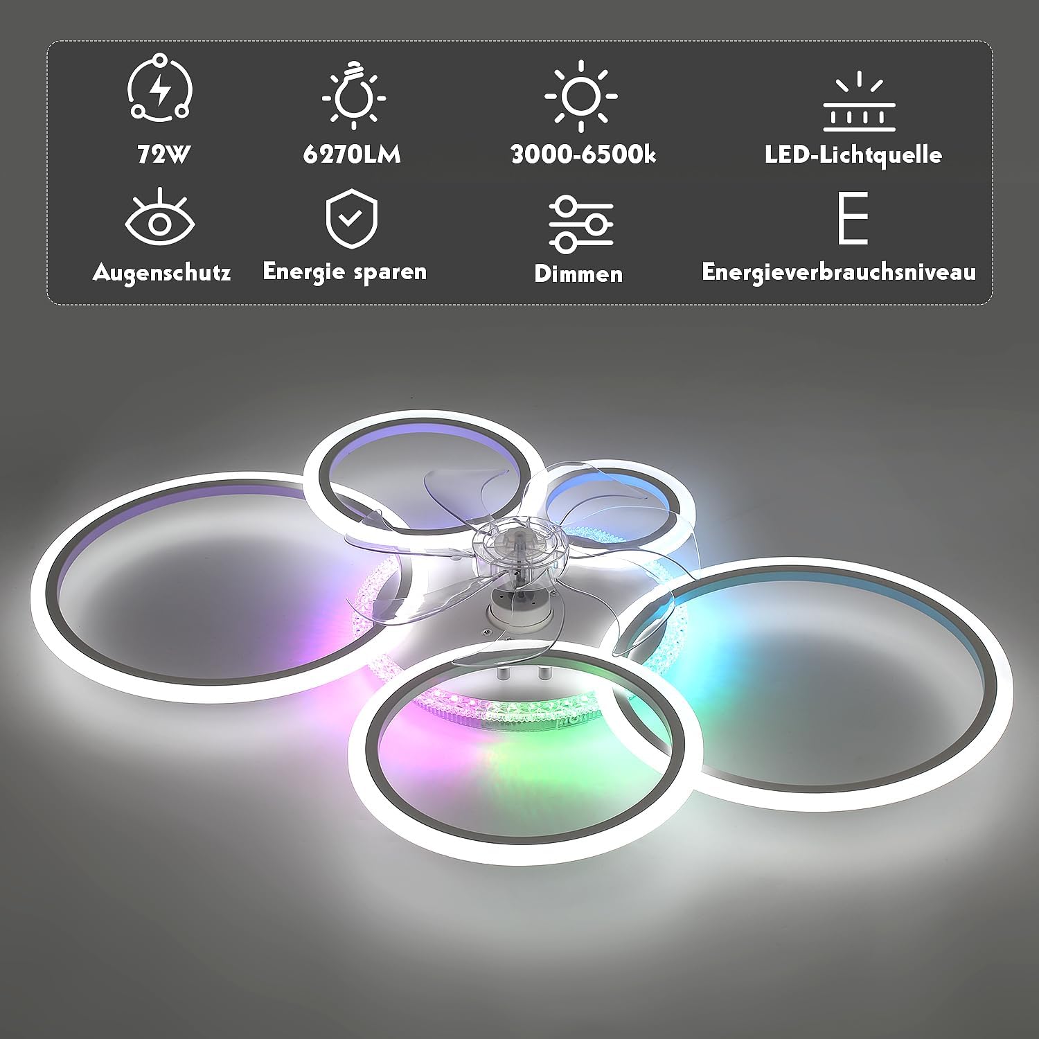 Deckenleuchte mit Ventilator, leise, weiß, Deckenventilator mit Beleuchtung, App und Fernbedienung, 72 W, 6270 lm, Dimmbar, RGB LED, für Wohn- Schlaf- und Esszimmer, 6-Gang, Timer