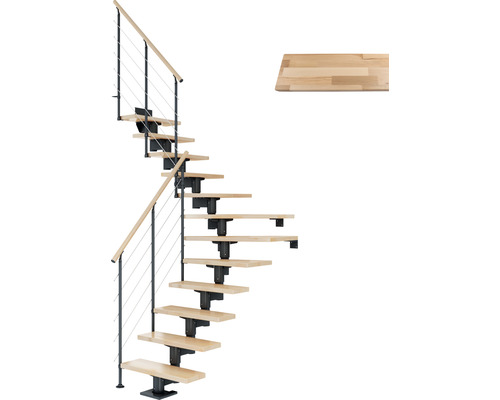 Pertura Chiron Antraciet Middentrap, Kwartslag, Linksonder/Rechtsonder 75 cm, Beukenhouten Gelijmde Gelamineerde Leuning, Gelakt, 11 Treden / 12 Stootborden