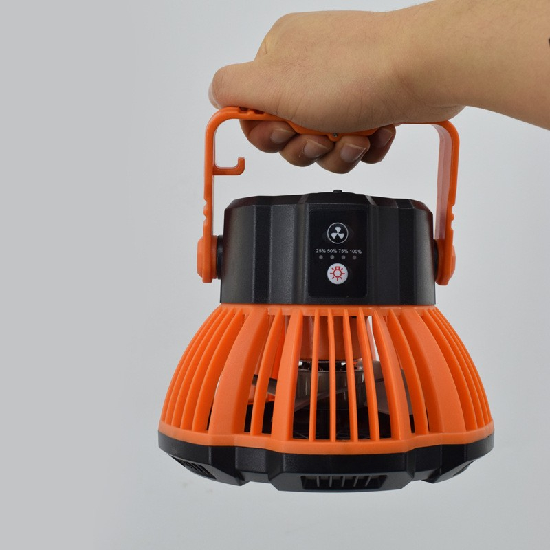 (Ø16cm) USB Outdoor Ventilator LED Camping Lüfter Wiederaufladbar 1200mAh mit Handschlaufe   Haken - Orange / Schwarz