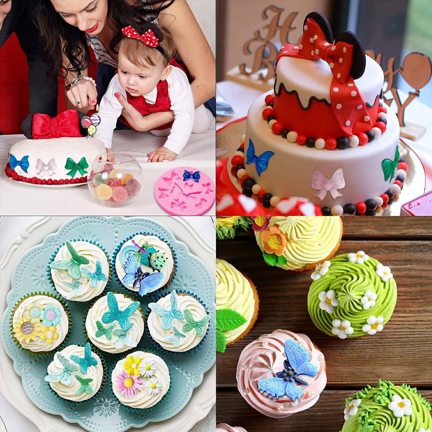 (7er Set) Silikon 3D Pralinen Form für Fondant / Schokolade Kuchen   Muffin Dekoration - Blumen / Schleifen / Schmetterlinge / Blätter