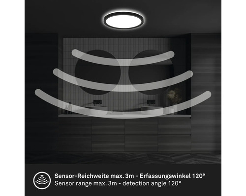 LED Sensor Plafondlamp IP44 15W 1900 lm 4000 K HxØ 3x24 cm Slank zwart/wit + Achtergrondverlichting