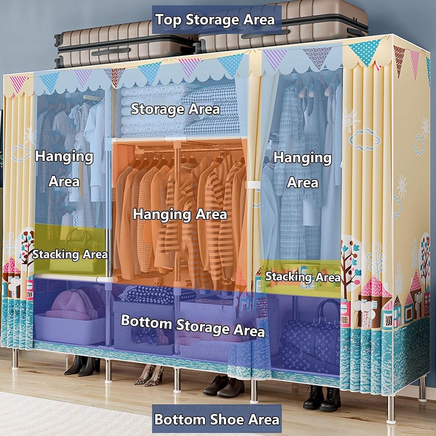 Kleiderschrank, tragbare Leinen-Schränke, Regale, Stoff-Kleiderschrank, Aufbewahrungs-Organizer für Schlafzimmer, Stoffschränke, Hellgrau, 64 x 45 x 172 cm