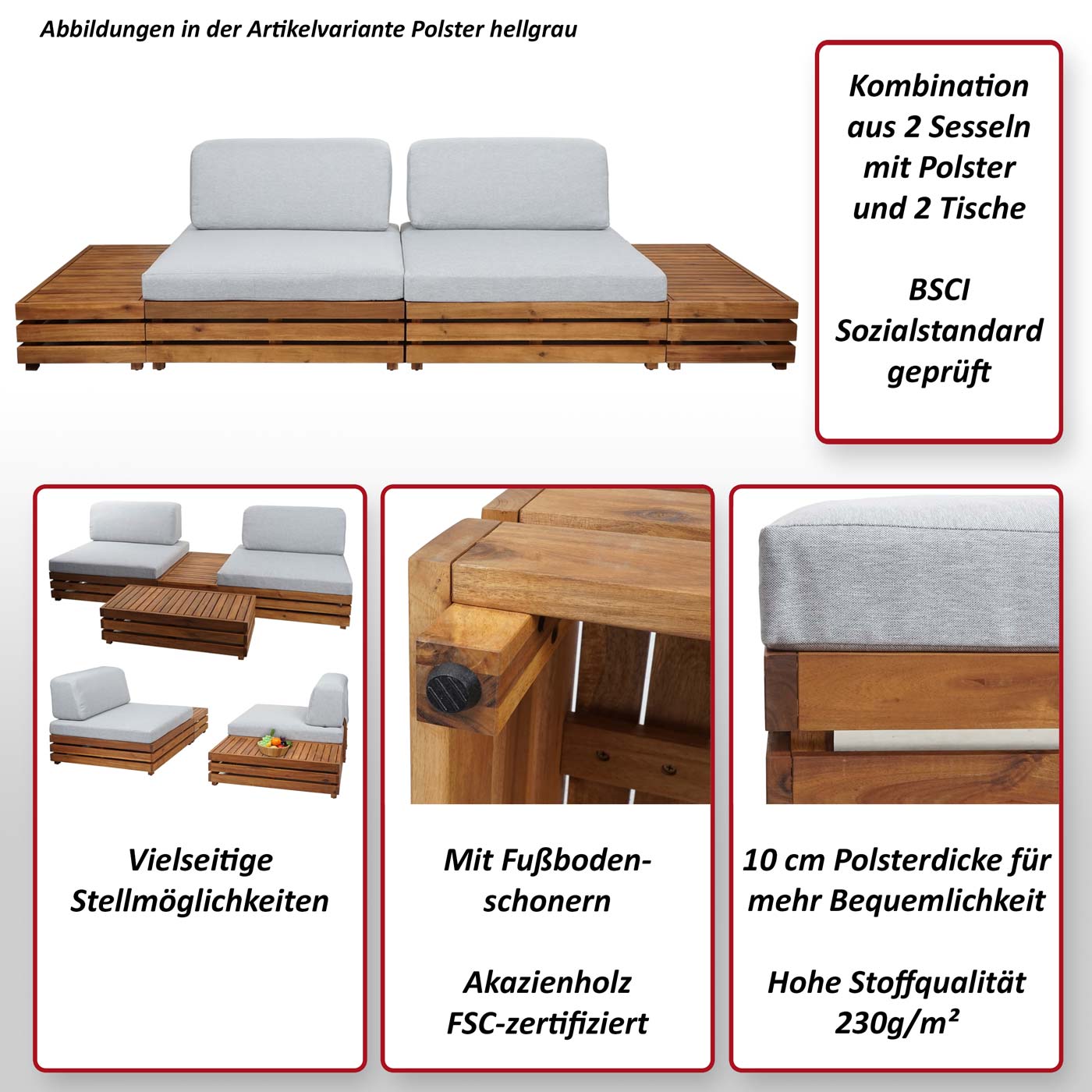 Garten-Garnitur MCW-L28, Lounge-Set Sitzgruppe Lounge-Sessel Sofa, Spun Poly Akazie Holz MVG ~ Polster hellgrau