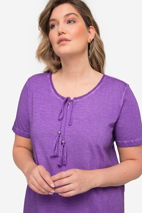Maxi-Jerseykleid, Druck am Zipfelsaum, Rundhals mit Bindeband