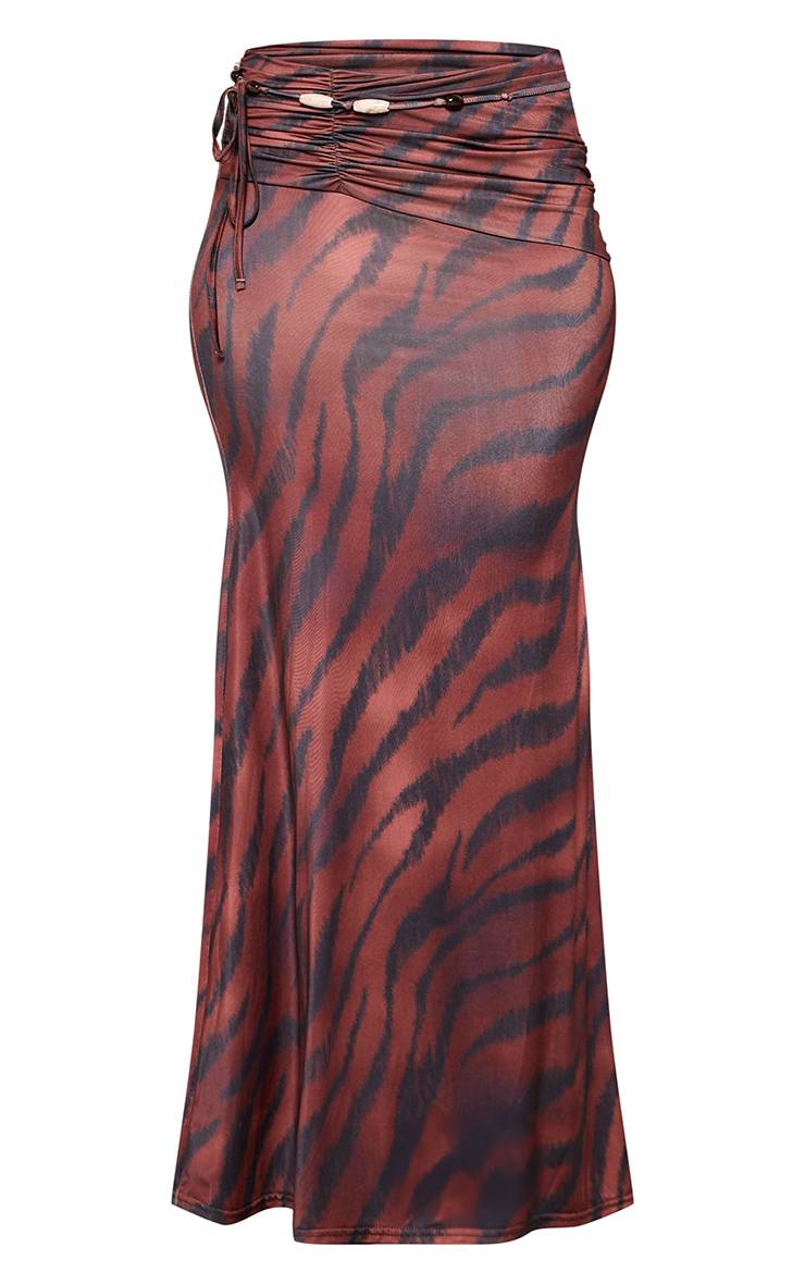 Marron Jupe Longue Coordonnée Taille Froncée Détail Perles Imprimé Zèbre En Jersey Fluide