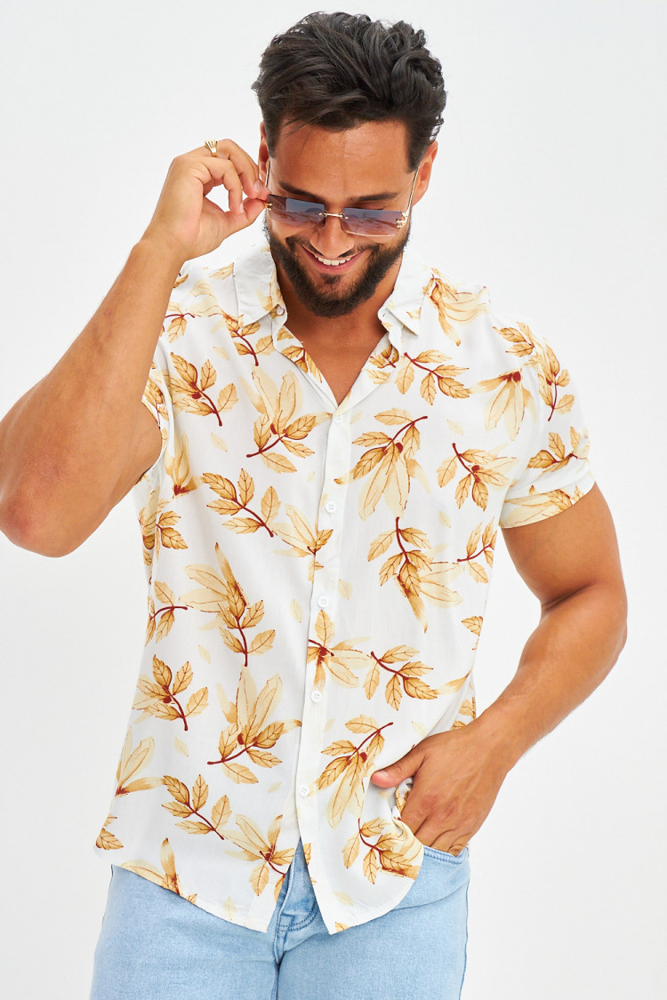 Chemise manches courtes motifs feuilles blanche