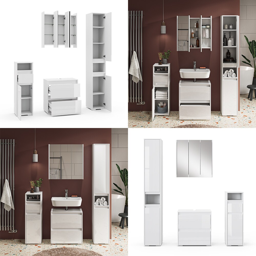 Vicco Badmöbel-Set Badezimmer-Möbel Bad-Schrank Majest Weiß Hochglanz modern Badezimmerschrank Waschbeckenunterschrank Spiegelschrank Hochschrank Midischrank Schranktür Schrankfach