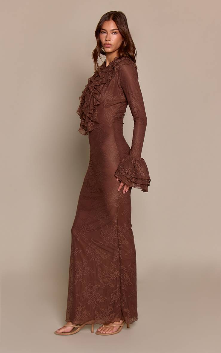 Chocolat Robe Maxi À Col Bénitier Avec Volants Extrêmes Et Détails De Manchettes En Dentelle Transparente Plt Label