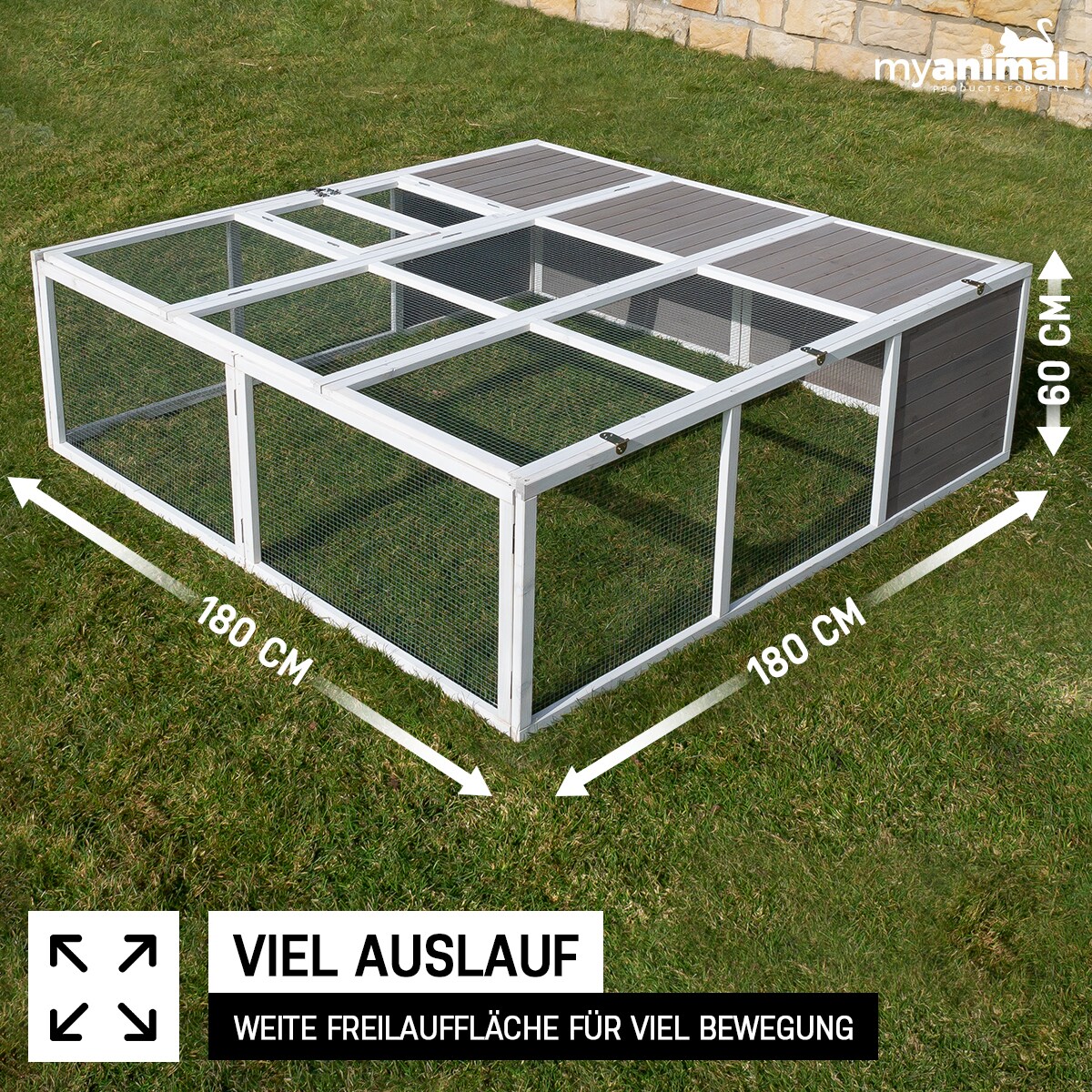 MyAnimal HasenstallMH-06 Freilaufgehege, Kaninchenstall XXL, mit Unterstand, Simple-Fold, Vollholz (Grau)