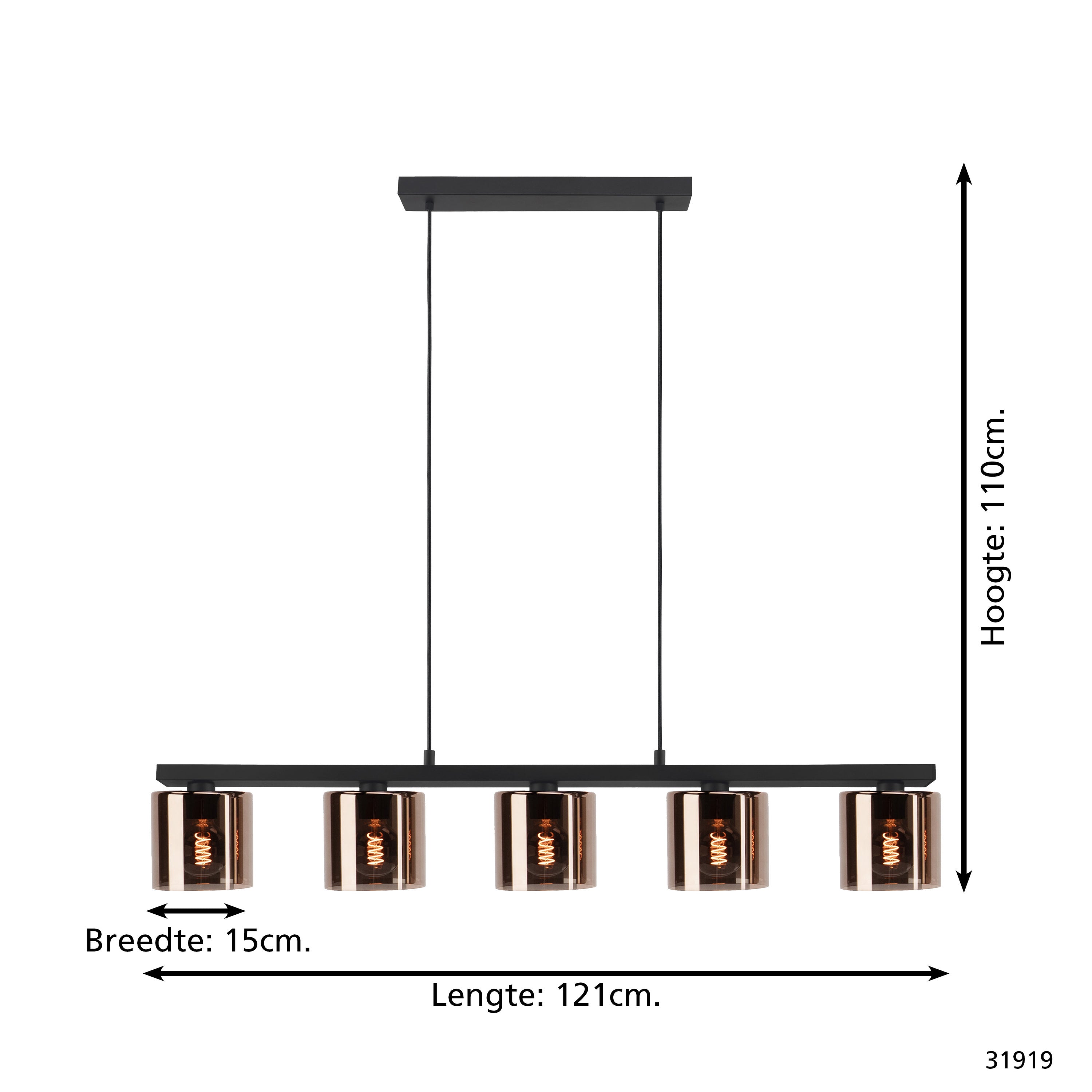 EGLO Cadley Hanglamp - E27 - 121 cm - Koperglas - Zwart