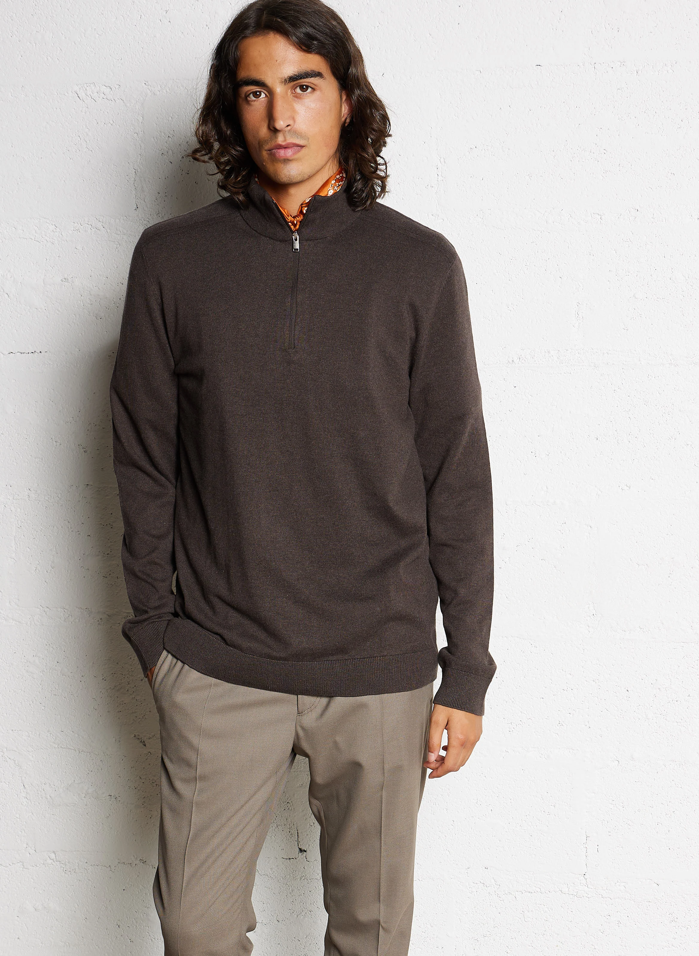 BERG - Pull col montant zippé regular-fit en coton | Marron