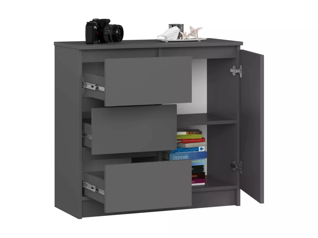 Commode AKORD JERRY Gris Graphite 80 cm 1 porte 3 tiroirs façade Gris Graphite 2 étagères 80x35x77 cm