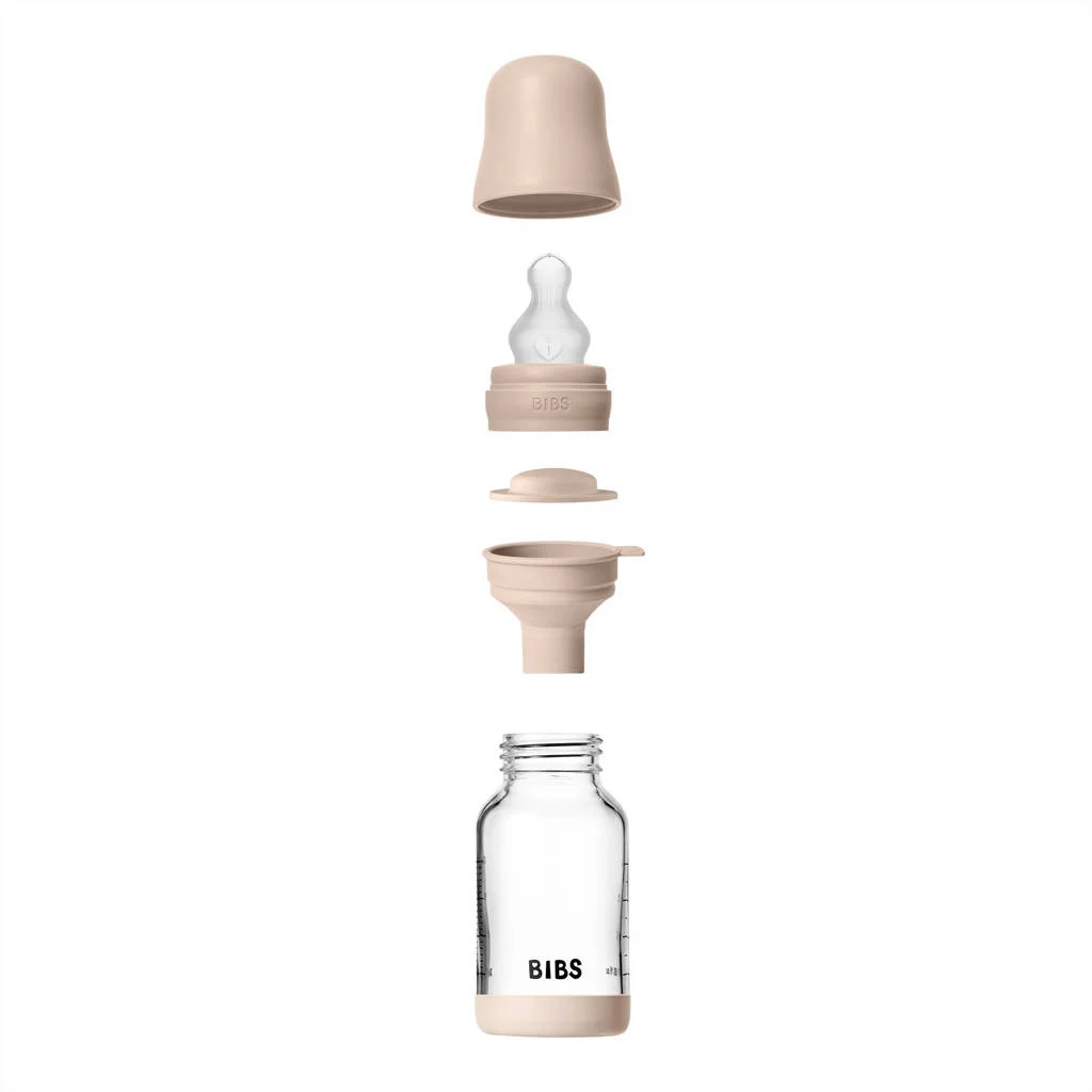 BIBS Glazen Babyfles - 120 ml - Blush - met silicone speen en opvouwbare trechtertje