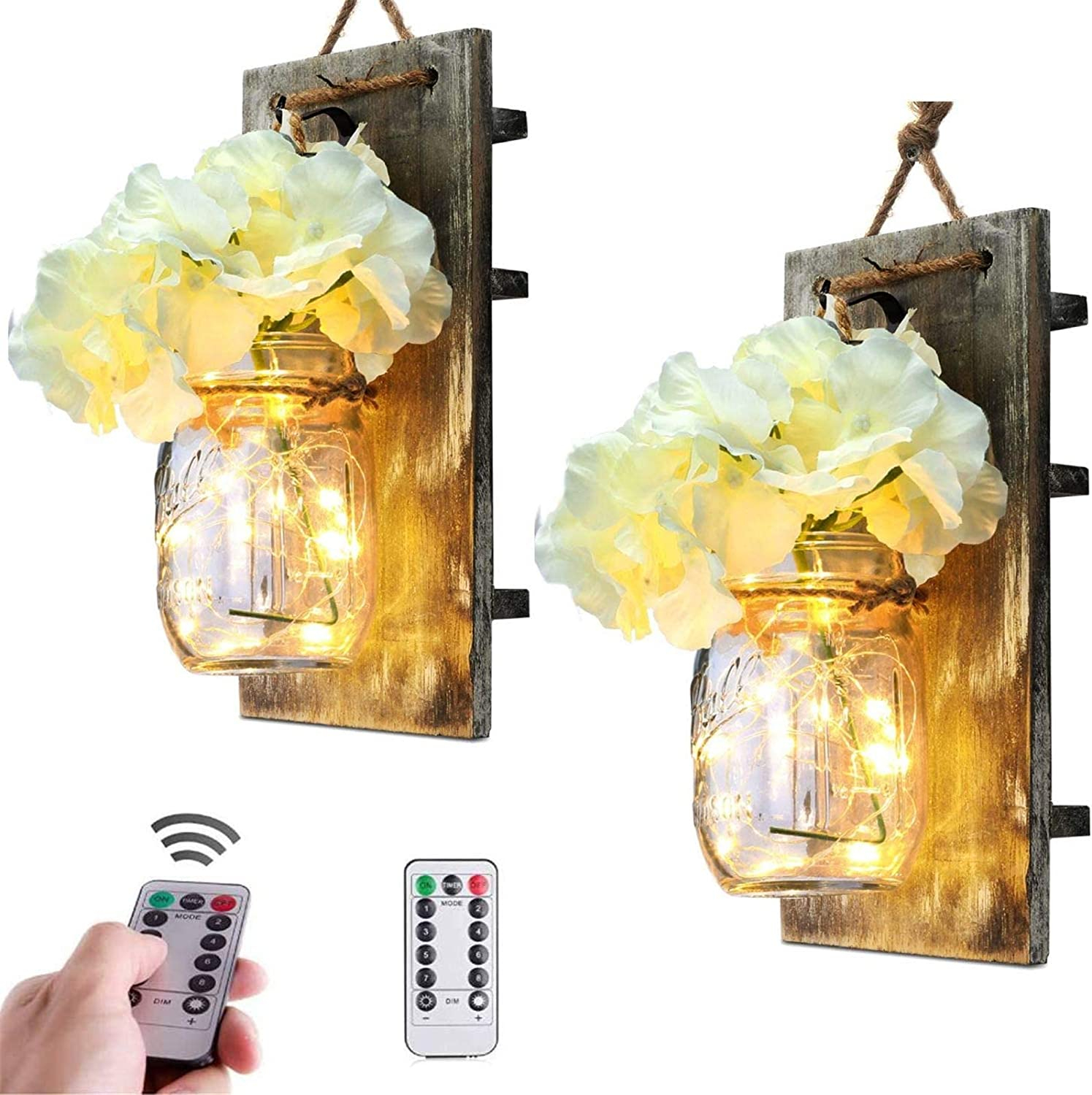 (2er Set) Vintage Wandleuchte Home Deko Wand Lampe Kunstblumen Lichterkette inkl. Fernbedienung (Batteriebetrieben) - Braun