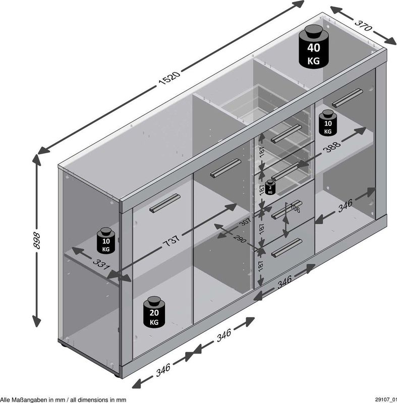 FMD - Commode - Wit - Hoogglans Spaanplaat - 3 Laden 2 Legplanken