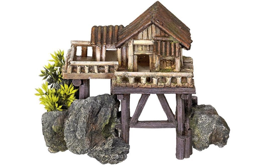 Aqua Ornaments Holzhaus mit Pflanzen 23 x 12.3 x 17 cmDetailgetreue Figur als zeitloses Motiv