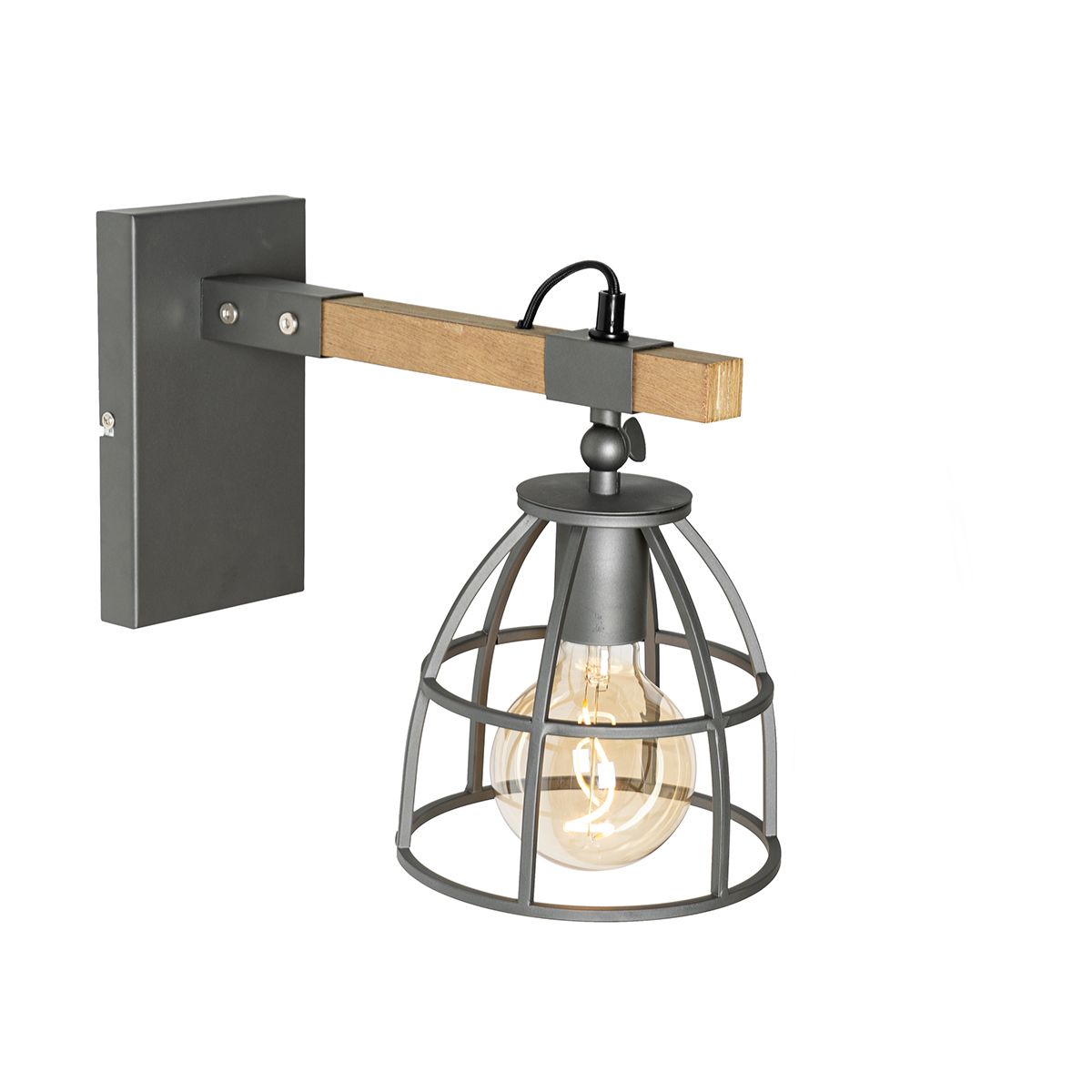 Industriële wandlamp donkergrijs met hout verstelbaar - Arthur