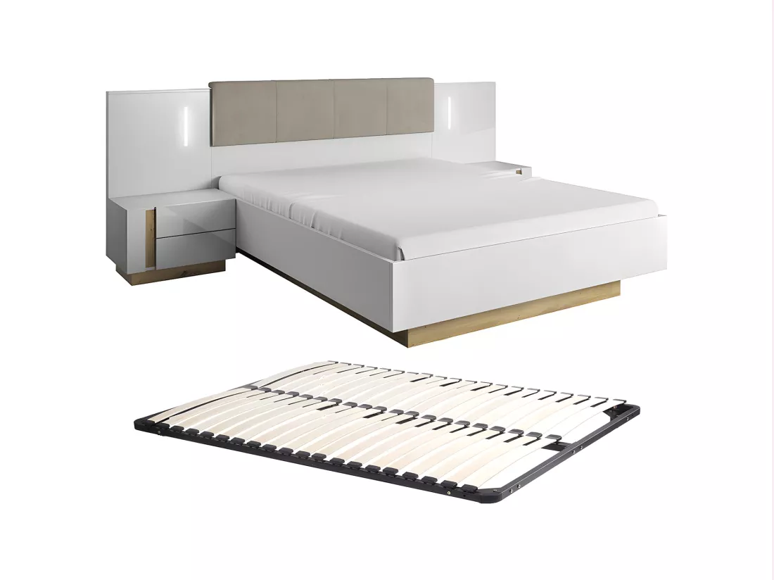 Lit avec chevets 160 x 200 cm - Avec LEDs - Blanc et naturel + Sommier - MURARI