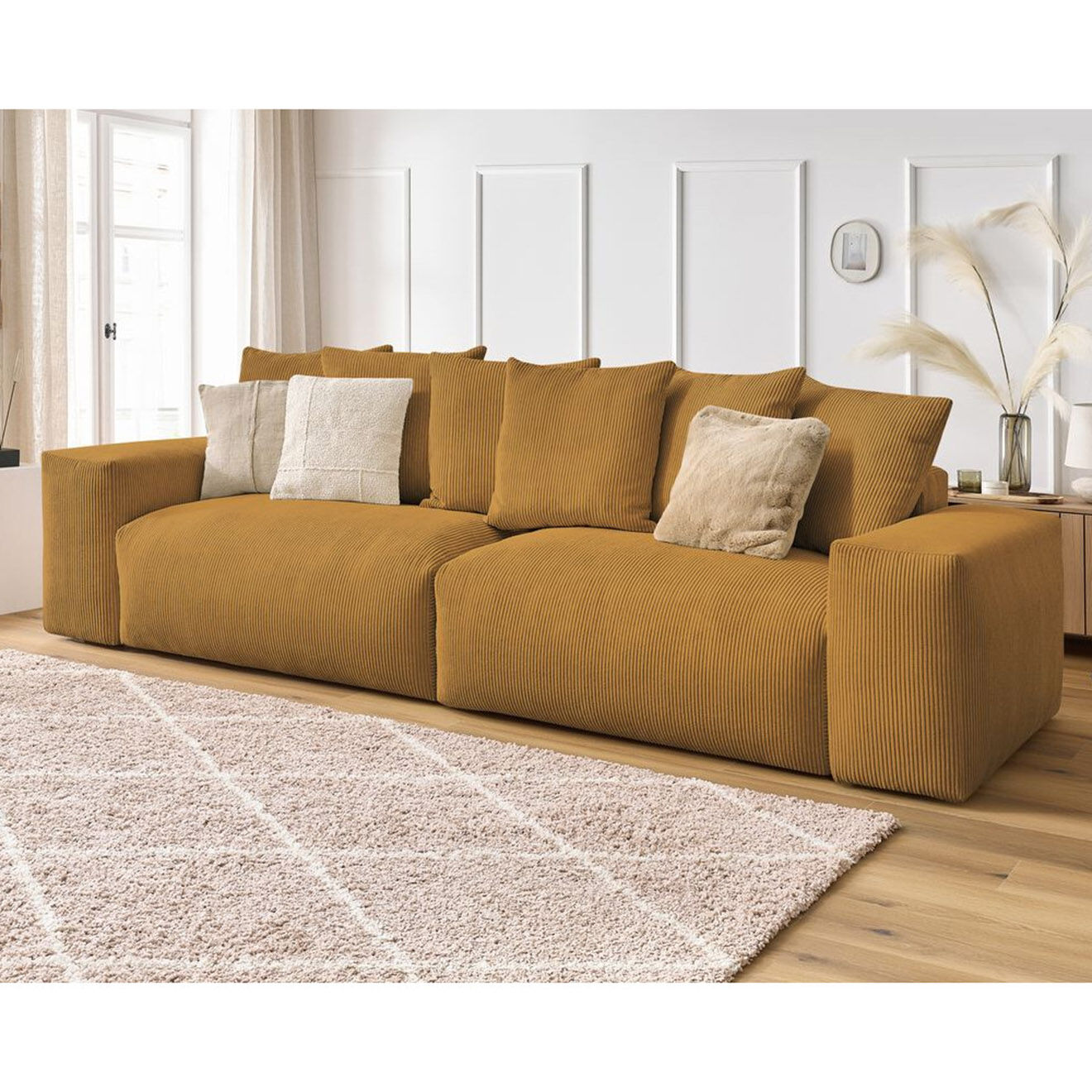 Bobochic Canapé 4 places moelleux voltaire velours côtelé jaune - 320x124x75 cm
