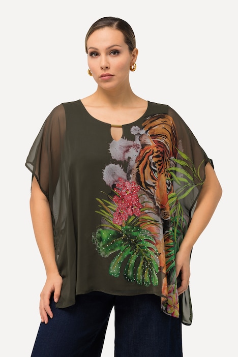 Bluse, Tiger, doppellagig, Rundhals, Halbarm