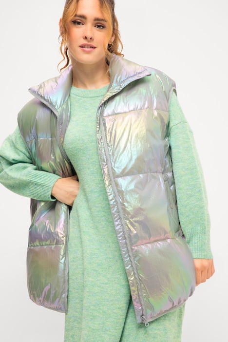 Steppweste, oversized, Holografic-Look, Stehkragen, Zipper