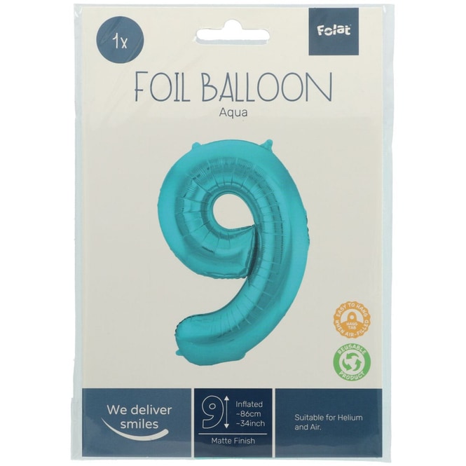 Folienballon - 9 - metall matt pastell aqua blau - ca. 86 cm lang