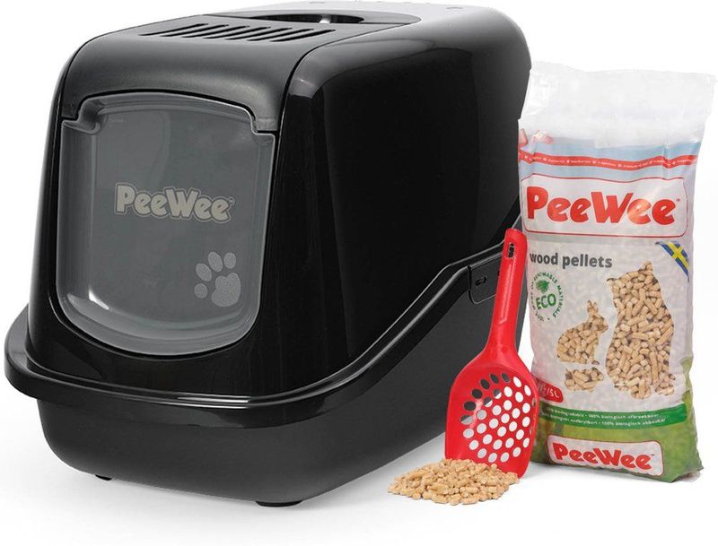 Peewee - Ecohus - Kattenbak Systeem - Zwart - 56 x 39 x 38,5 cm incl. korrels en schepje