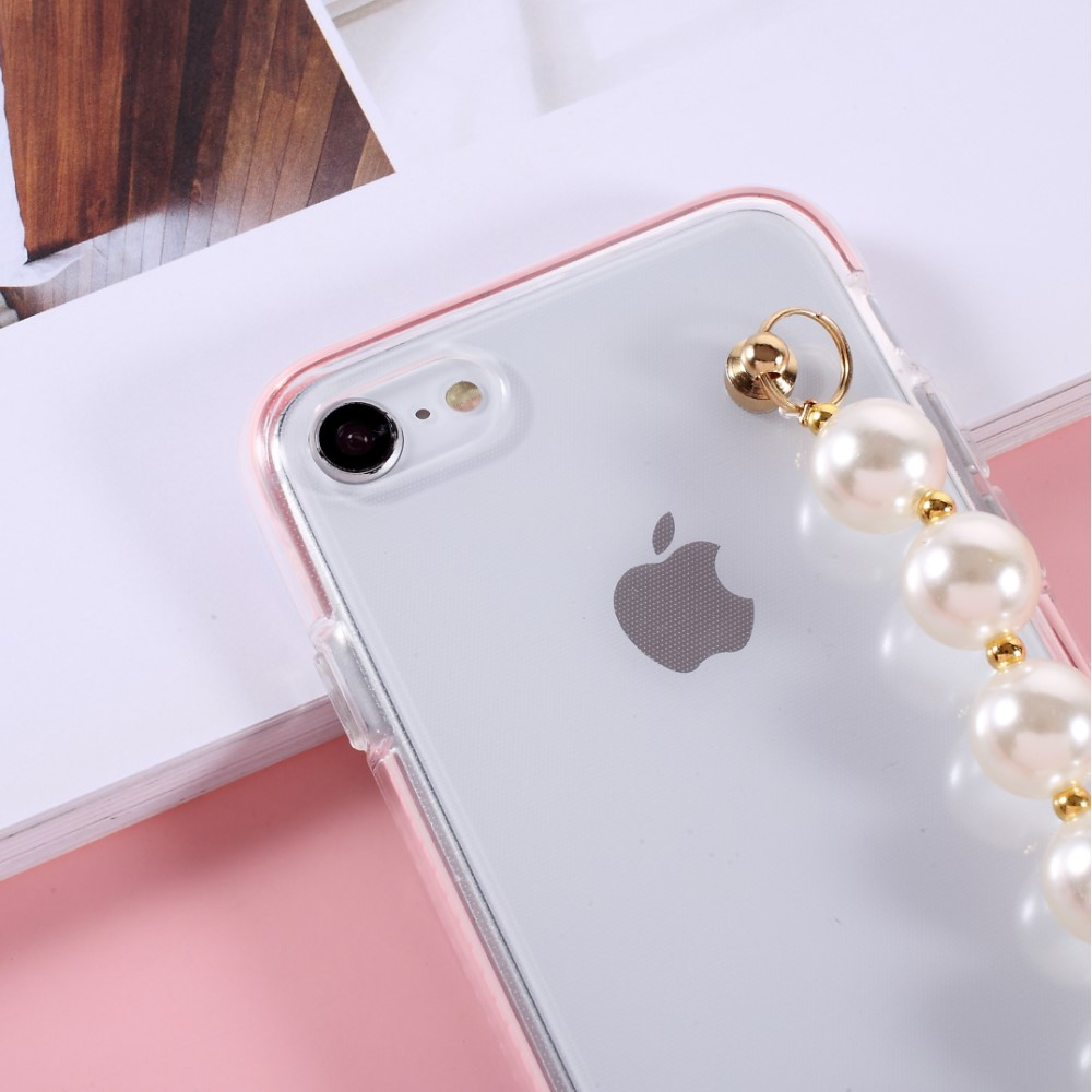 iPhone SE (2022/2020) / 8 / 7 Hybrid Bumper Gummi Hülle mit Perlenkette Handschlaufe - Transparent / Rosa