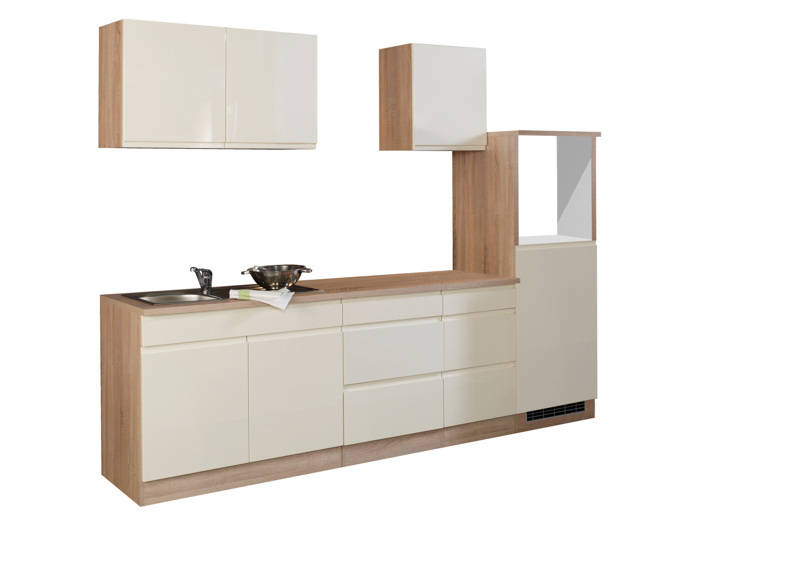 Küchenblock WIEN - creme Hochglanz-Sonoma Eiche - 270 cm