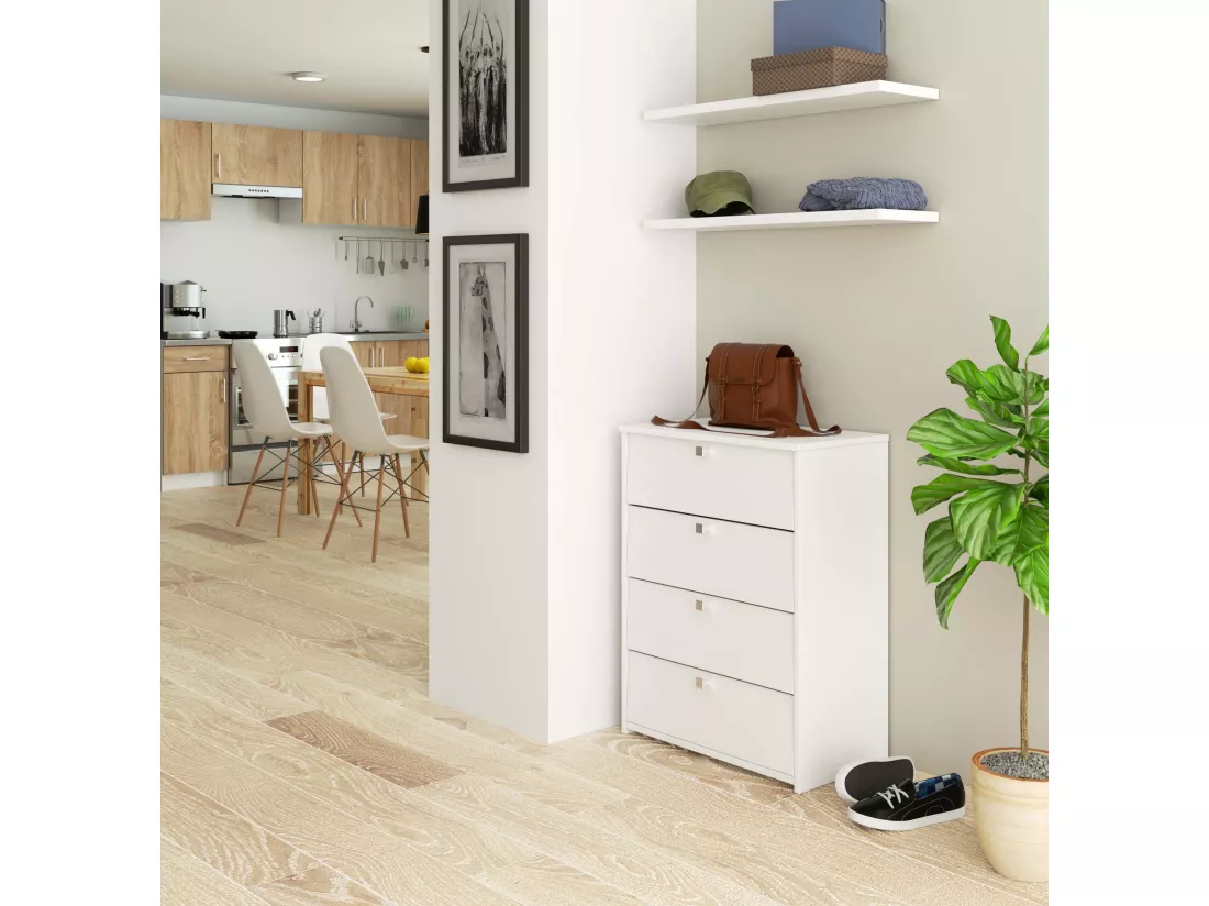 Meuble à chaussures AKORD Blanc 60 cm 4 portes façade Blanche 4 étagères 60x33x80 cm