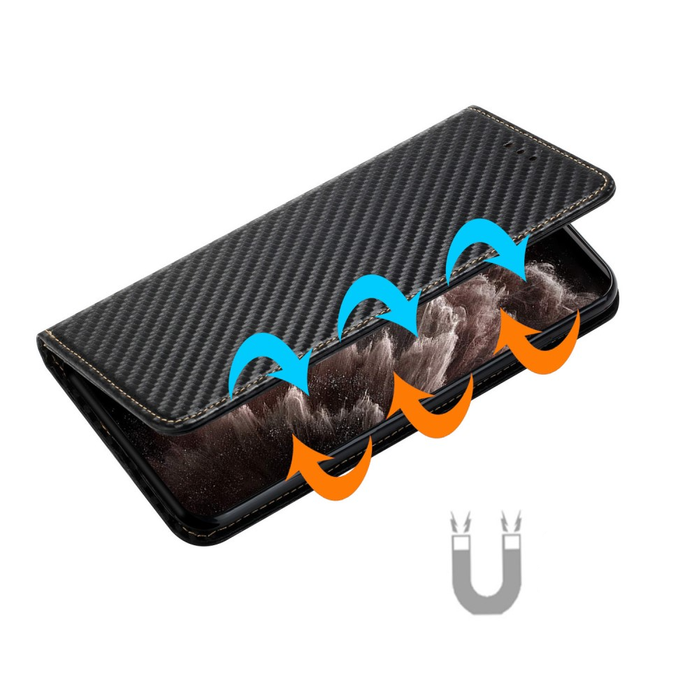 iPhone 15 Leder Tasche Flip Cover Carbon Look - Schwarz