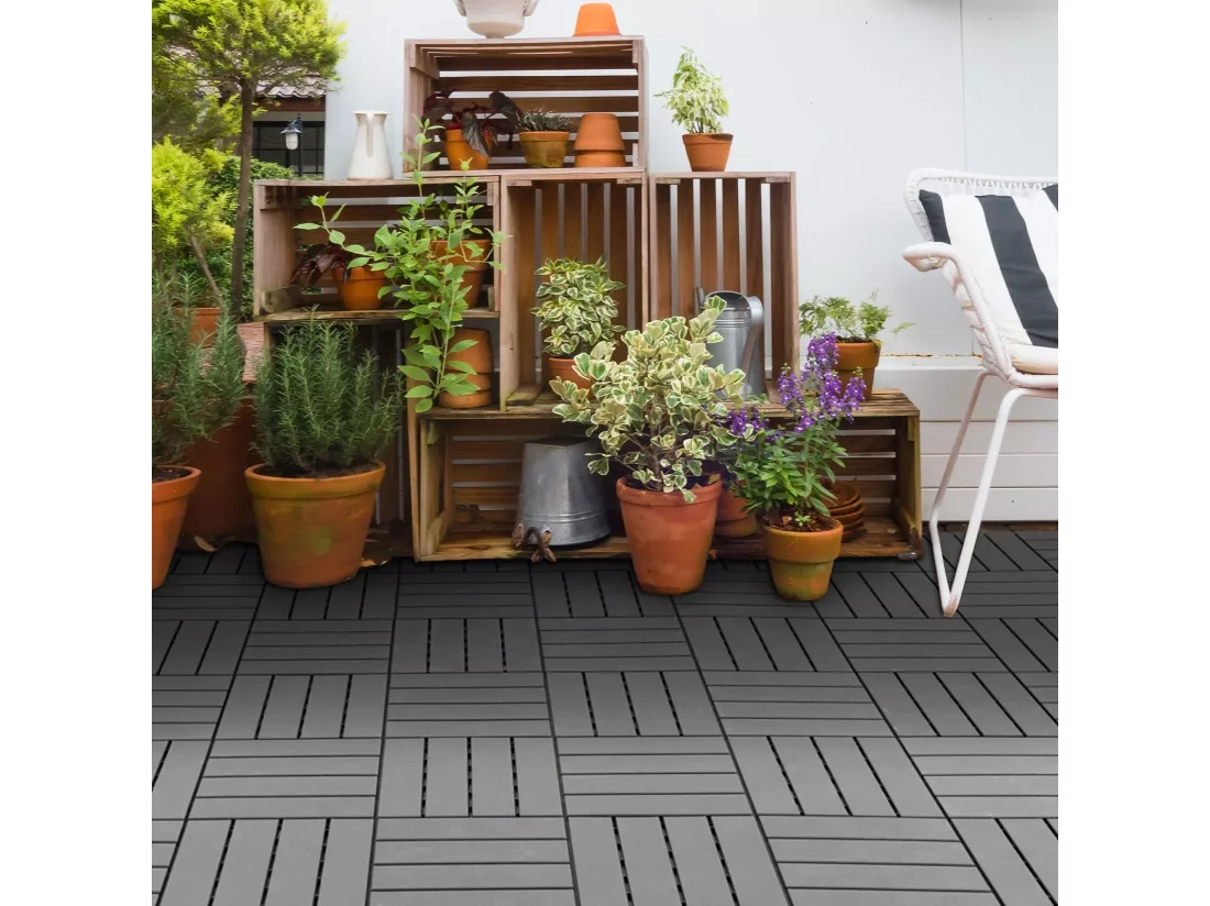 Caillebotis - dalles terrasse - lot de 9 - emboîtables, installation très simple - petits carreaux composite plastique imitation bois noir