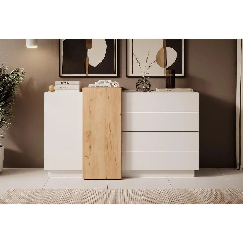 Meubella - Dressoir Three - Wit - Eiken - 160 cm