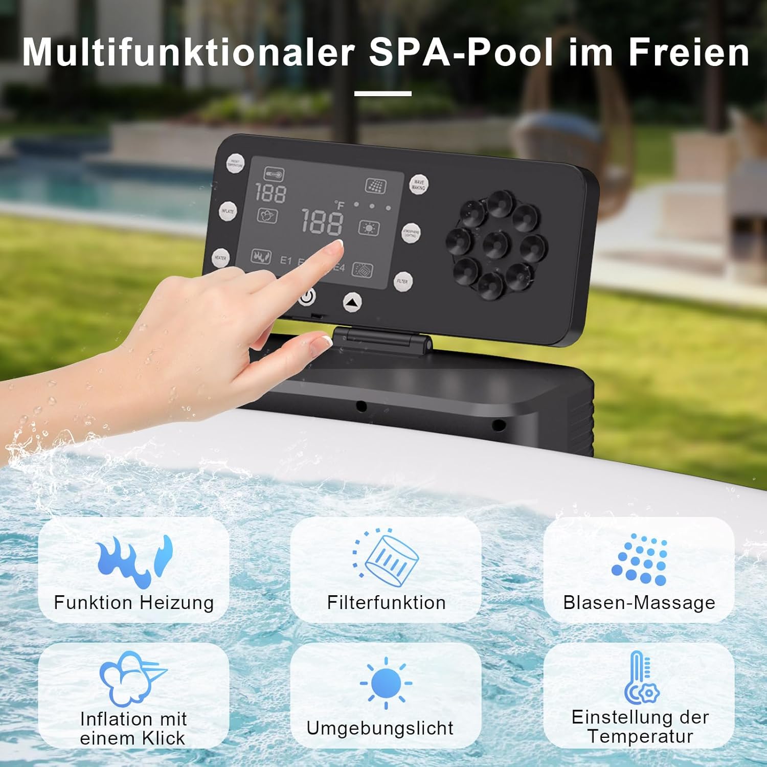 Aufblasbarer Badewannen mit Sprudelfunktion, PureSpa Pool Massage-Hottub, beruhigenden Luftdüsen, integriertem Schnellfüllsystem, LED-Lichtern (weiß, 206 x 206 x 71cm)
