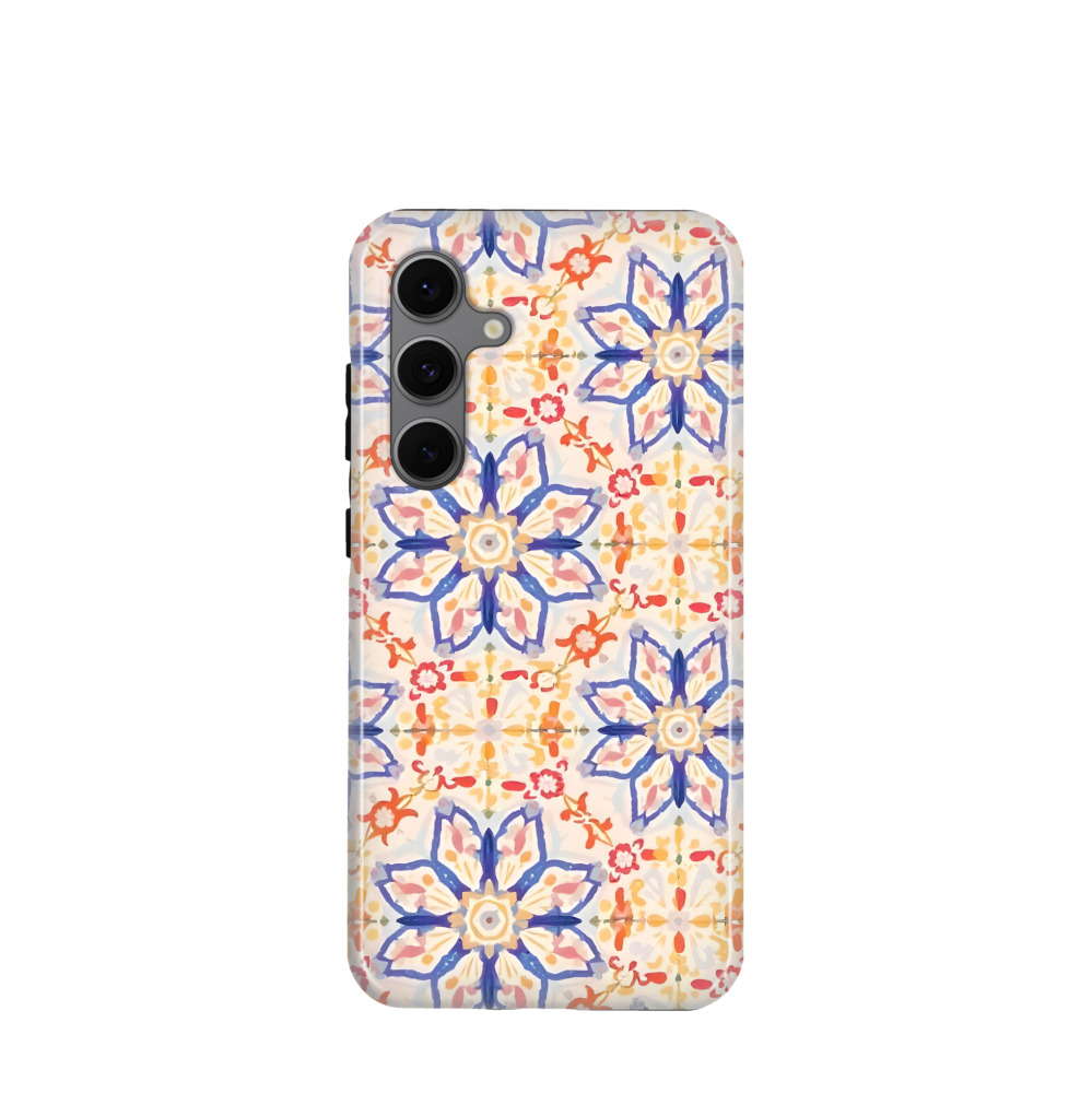 Samsung Galaxy S24 FE Hybrid (Kunststoff / Gummi) Hülle Majolika-Aquarellblüte - Blau / Gelb / Rot