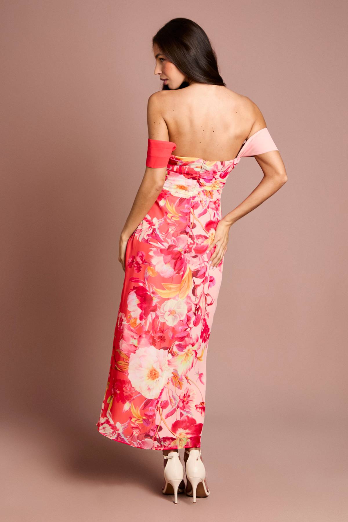 Coast Robe En Mousseline Drapée À Imprimé Fleuri Et Épaules Dénudées