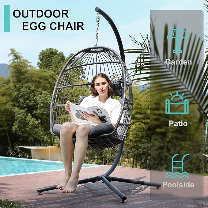 SWITTE Hanging Egg Chair with Stand, Egg Swing Hammock Chair with Stand, Indoor Outdoor Wicker Egg Chair with Cushion Headrest for Patio Bedroom Porch Garden, 350LBS Capacity(Dark Grey)