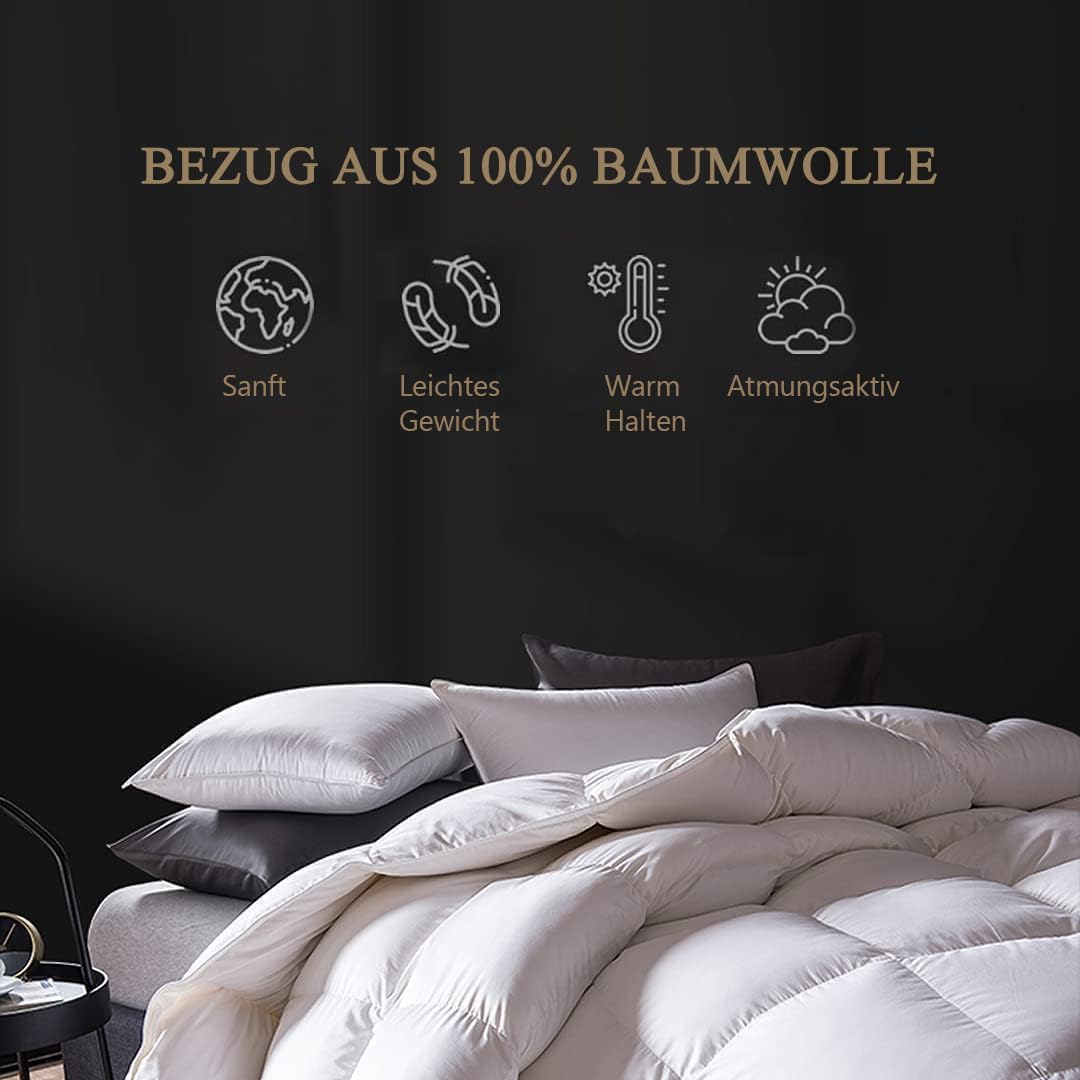 DWR Daunendecke Ganzjahr 200x200 cm,100% Bio-Baumwolle,Bettdecke mit Daunen und Federn Füllung,Übergangsdecke Ganzjahresdecke,Öko-Tex und RDS Standard,Weiß